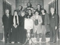 Karel Navrátil (centre back) with the staff of the Strašnice crematorium, where he worked after his dismissal from the scrapyard, circa 1986