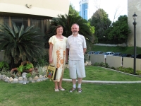 On a lecture tour with husband. The dress is a gift from the audience. Panama 2006