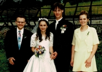 Wedding photo of son Marian and his wife Petra, wedding witnesses were groom's sister Šárka and bride's brother Martin, 1998