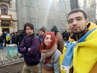 Unity march on Soborna Square. Left to right: Oleh Kozhushniak, Liudmyla Koller, Artak Hryhorian. Odesa, February 20, 2022
