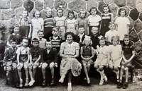 Witness in 4th grade with her most beloved teacher Hana Hubáčková, school year 1949-50. witness on the left above