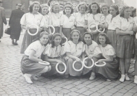 Sokol teenage girls at a district meeting in Žďárná; the witness is second right in the bottom row, 1948