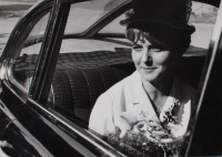 Eva Boušková (Chalupova) on the way to her wedding, Prague, 1965
