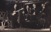 Josef Jelínek (second left) playing the drums with the Realistic Club, 1950s