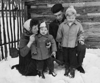 Miloslava and Josef Knob with their children Josef and Iva in Kotelsko in winter 1959