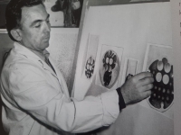 Ladislav Oliva working on his glass designs - 1980s