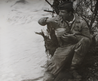 Zdeněk Chalupa at a snack during the helping at floods, Slovakia, 1958