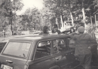 Milada Kohoutková during a police check, Pražák cottage settlement, late 1970s