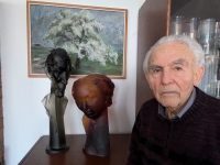 Ladislav Oliva at his original molten sculptures representing his parents Karel and Maria Oliva