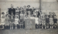 The class 1st A in the school Na Karlově in Benešov, Růžena Brabcová (Dlabalová) in the middle above the letter A, in the bottom row seventh from the left,1938-1939