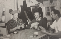 Neighbourly evening fun; Richard Wagner is at right. Dražov, late 1950s