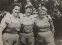 Forest workers at work; Paula Wagnerová at right, 1960s