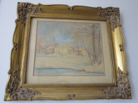 A winter-themed painting of the Špirka's cottage and mill in Janovice nad Úhlavou