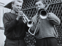 Zdeněk Chalupa (on the right with trombone) with another musician from the military band, during his basic military service in Martin, 1957-1959
