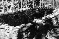 Tomáš Klepek's father at the construction of a cottage on the Sázava River, late 1950s
