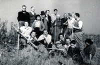 Little Juraj Laufer (the boy at right) with mother Berta (far right) during the Lidice renovation effort, circa 1947