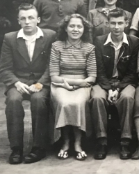 Jana Procházková (Soukupová) in a high school class photo cutout, 1950
