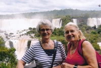 In Brazil at the Iguaçu Falls with translator Milena Bodmer, whom she befriended at the Rio de Janeiro film festival, 2012