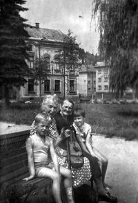 From left Michal Holeček, grandmother Aloisie Holečková, unknown lady and sister Helena, Police nad Metují, about 1961