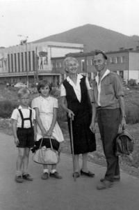 From left Michal Holeček, sister Helena, grandmother Aloisie Holečková and father, Banská Bystrica, 1964