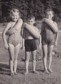 A friend, Milos Lehecka and sister Marie on the way to the pond, 1956