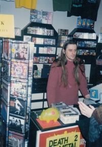 Miroslav Černota, newsagent selling CDs, Ostrov, Mírové náměstí, 1990s