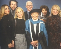 On the occasion of receiving an honorary doctorate from Worcester University, pictured with his family, from left: granddaughter Bibi, grandson Alex, daughter Nicola, John Malin, Mindu Hornick, Lizzy Malin, and daughter Jackie, 2018.