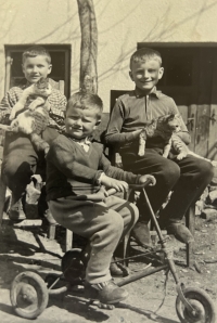 Brothers with tricycle, from left Vladimir, Robert, Martin, 1969
