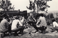 Witness's father Bedřich Michalec Sr. (centre, looking into the lens) taking a break from splitting firewood in Krásné Údolí, 1960s