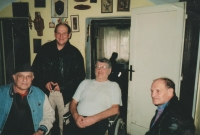 Father Oldřich Malina in a wheelchair with his brothers, wearing a hat Jaroslav (Jerry), who emigrated to the USA, about 1990