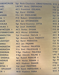 The name of witness's mother Ruth Ornsteinová among the Czechoslovak RAF staff on the Winged Lion Memorial (top)