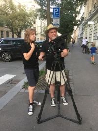 With his son Richard, a film school student, on the set of "Germans Had Tanks, Czechs Had Barricades", 2024
