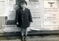 Čtyřletý Vladimír Škvor před plakáty oznamujícími vznik Protektorátu Čechy a Morava (březen 1939) 