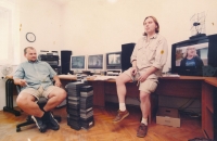 With editor Martin Suja on the left in the editing room, working on the film "The Year Without Magor", 2013