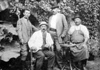 On the left Jan Uprka, father of his classmate Josef, on the right painter Josef Uprka, sculptor František Uprka and farmer Martin Uprka
