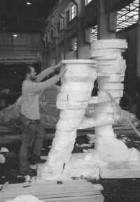 The photo is from a series of photographs documenting the creation of a new statue of Milan Rastislav Štefánik. The original from Bohumil Kafka's sculpture studio was destroyed by the communist regime in Bratislava in 1953. The creation of the copy was led by Gotthard Janda