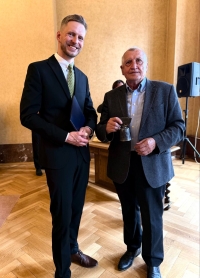 Karel Sedláček as a recent recipient of the 1 June Award with Jiří Kunc, Director, Memory of Nation of the Plzeň Region, 1 May 2025