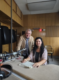 Karel Sedláček with documentary programme maker Jarmila Vandová Flaková in the Czech Radio Plzeň newsroom, 1 August 2025