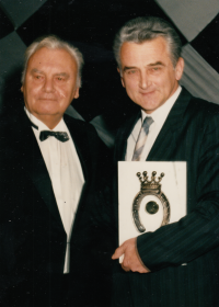 With actor Petr Haničinec at a horse breeding award ceremony, Prague, 1980s