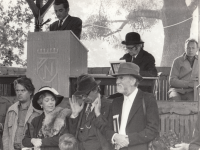 Zdeněk Hlačík at the lectern during a film shoot at the Napajedla stud farm