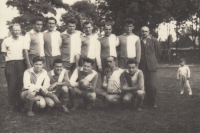 Dubany handball team; the witness is second right in the top row, circa 1955-1960