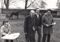 Zdeněk Hlačík (right) in assessing horses in Chuchle; at left is Prof. Václav Michal, a prominent horse breeding expert, circa 1980