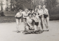 Olga Fikotová with basketball players, third from the left above, 1950s
