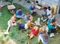 Peter Morée, second from the left, during a summer job at the parish of Pavel Hlaváč in Široký Důl, summer 1991