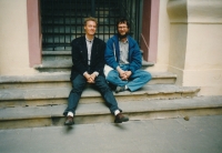 Peter Morée on the left with Jonatan Tomeš, Celetná Street near the Theatre Institute, 1987