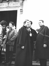 Ordination, i.e. appointment as a pastor in the Evangelical Church, Jana Kašparová in the foreground left, 1970s