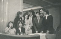 Tomáš Schilla (second left sitting) during a prom ball, latter 1970s