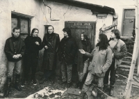 The final line-up of The Plastic People of the Universe (from left: Milan Schelinger, Mejla Hlavsa, Jan Brabec, Tomáš Schilla, Michaela Antalíková, Jiří Kabeš, Josef Janíček), 1988