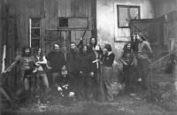 Witness (with air rifle) in Miroslav Strnad's house in Liberec-Katerinky (From left: Josef Olšanský, Svatopluk Karásek, Jiří Křivský, Pavel Zajíček, Miroslav Strnad (Tudor), Jiří Kasal, Vladimír Marek (Máňa), Milan Zapadlo, Dana Němcová, Markéta Němcová, Ondřej Němec, Ladislav Cerman), 1977