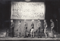 Marie Fejtková (second from the right) in the performance School Is the Foundation of Life in the Vrchlický theatre ensemble in Jaroměř, 1960s